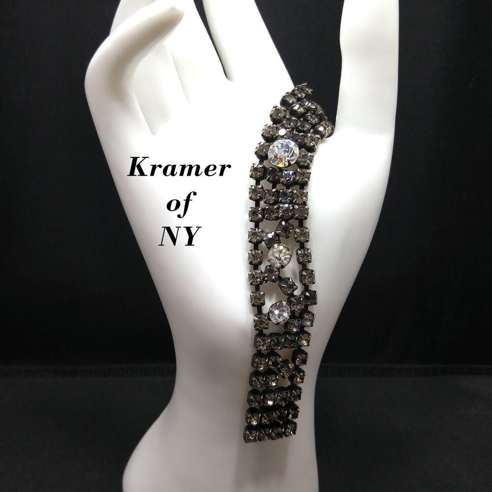Vintage Kramer Black Clear Crystal Rhinestone Bracelet, Silver Plated, 1950s
